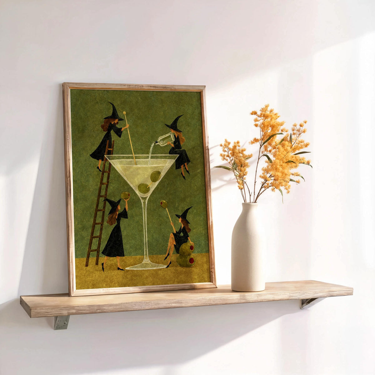 Witch Martini Wall Art, Vintage Halloween Poster, Tiny Witches Making a Giant Cocktail, Retro Bar Decor, Spooky Season Funny Print