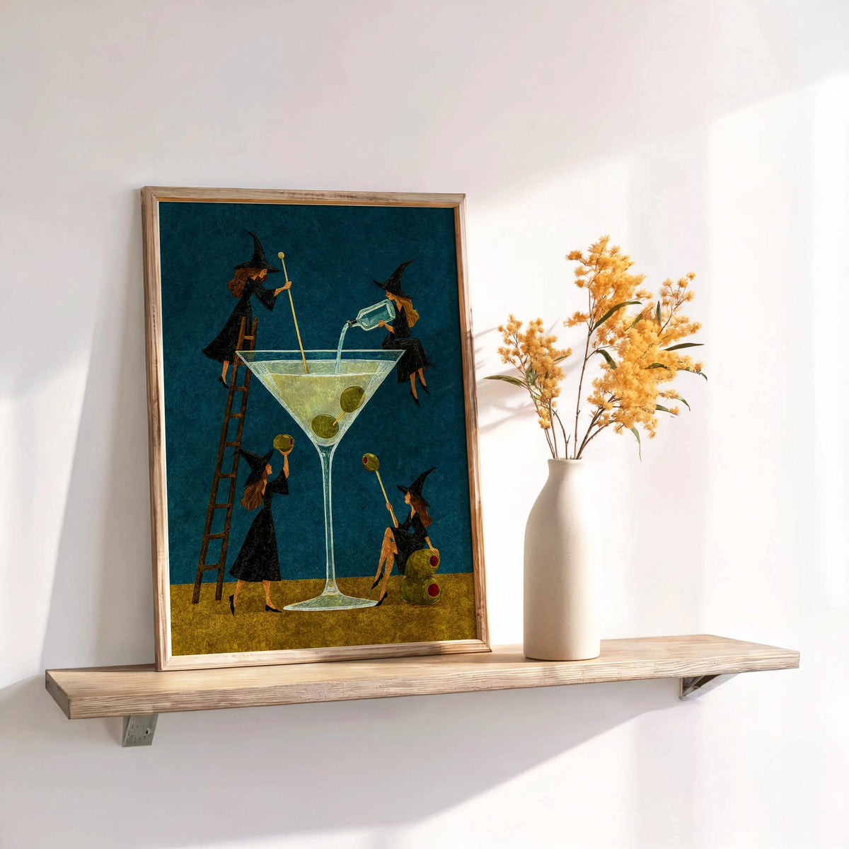 Witch Martini Wall Art, Vintage Halloween Poster, Tiny Witches Making a Giant Cocktail, Retro Bar Decor, Spooky Season Funny Print