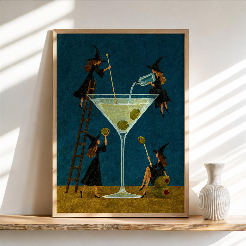 Witch Martini Wall Art, Vintage Halloween Poster, Tiny Witches Making a Giant Cocktail, Retro Bar Decor, Spooky Season Funny Print
