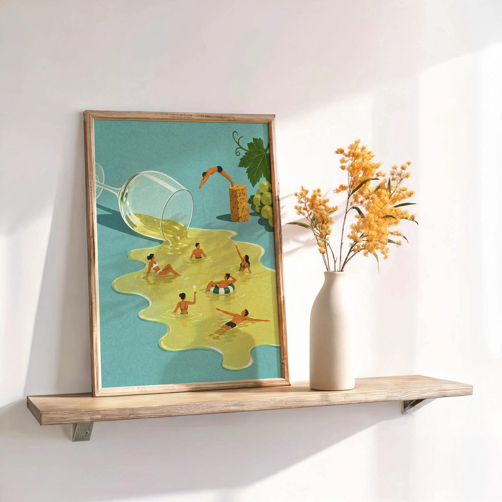 Wine Swimming Pool Wall Art, Funny Cocktail Poster, Vintage Tiny Swimmers in Giant Wine Glass, Quirky Kitchen Decor, Summer Diving Print