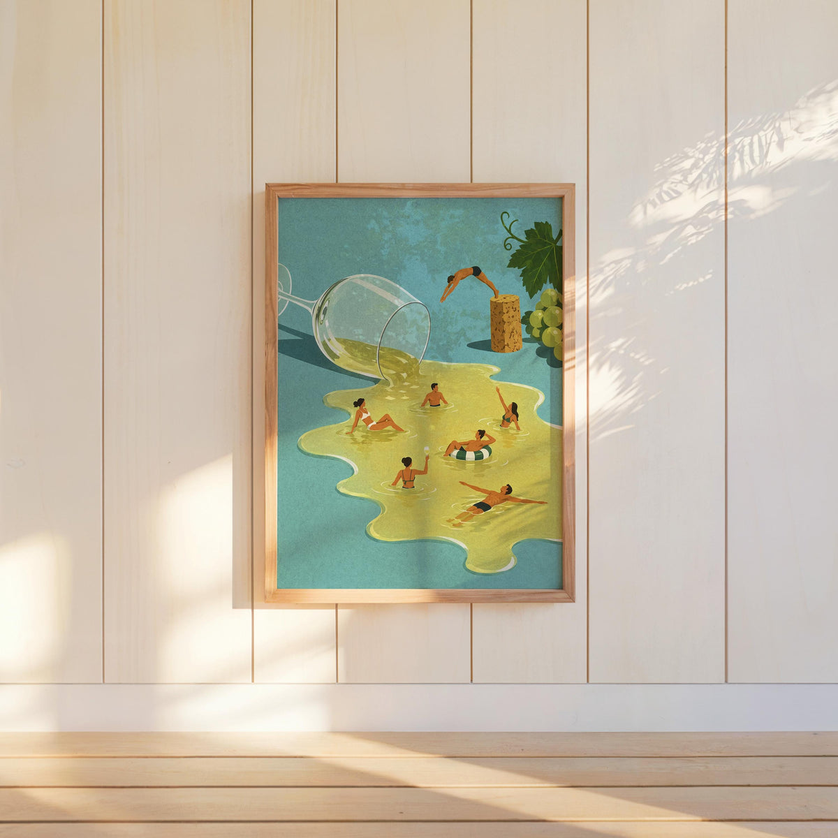 Wine Swimming Pool Wall Art, Funny Cocktail Poster, Vintage Tiny Swimmers in Giant Wine Glass, Quirky Kitchen Decor, Summer Diving Print