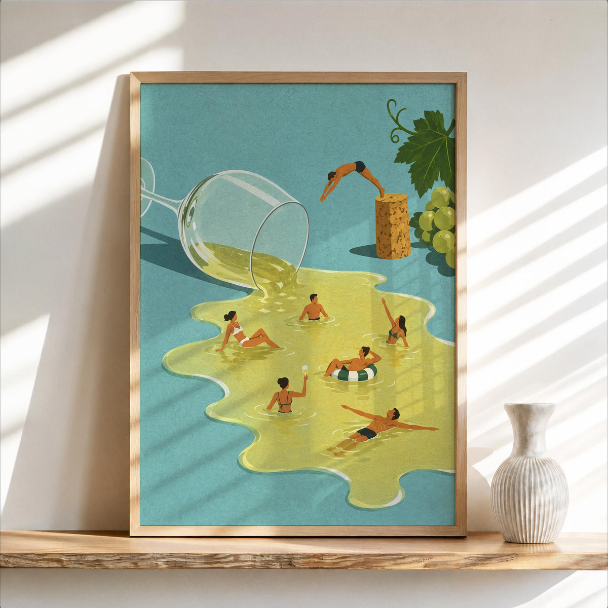 Wine Swimming Pool Wall Art, Funny Cocktail Poster, Vintage Tiny Swimmers in Giant Wine Glass, Quirky Kitchen Decor, Summer Diving Print