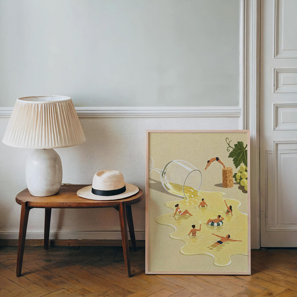 Wine Swimming Pool Wall Art, Funny Cocktail Poster, Vintage Tiny Swimmers in Giant Wine Glass, Quirky Kitchen Decor, Summer Diving Print