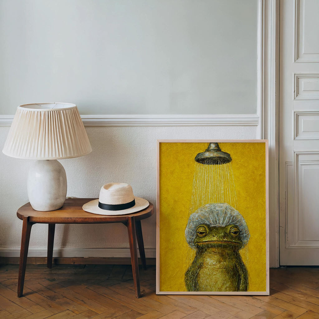 Funny Shower Frog Wall Art, Vintage Bathroom Poster, Grumpy Frog Illustration, Retro Animal Decor, Quirky Restroom Print, Kids Decor