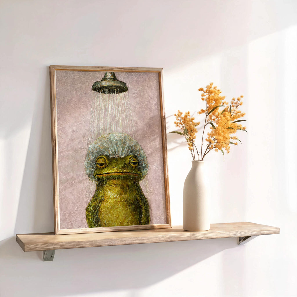 Funny Shower Frog Wall Art, Vintage Bathroom Poster, Grumpy Frog Illustration, Retro Animal Decor, Quirky Restroom Print, Kids Decor
