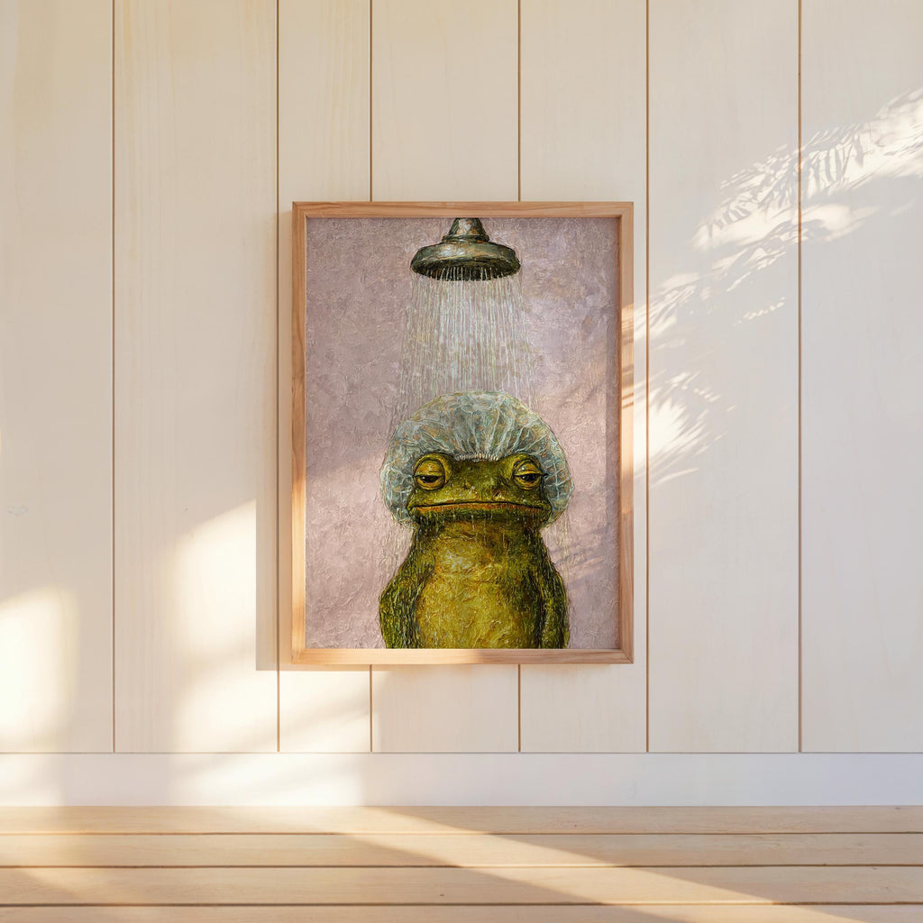 Funny Shower Frog Wall Art, Vintage Bathroom Poster, Grumpy Frog Illustration, Retro Animal Decor, Quirky Restroom Print, Kids Decor