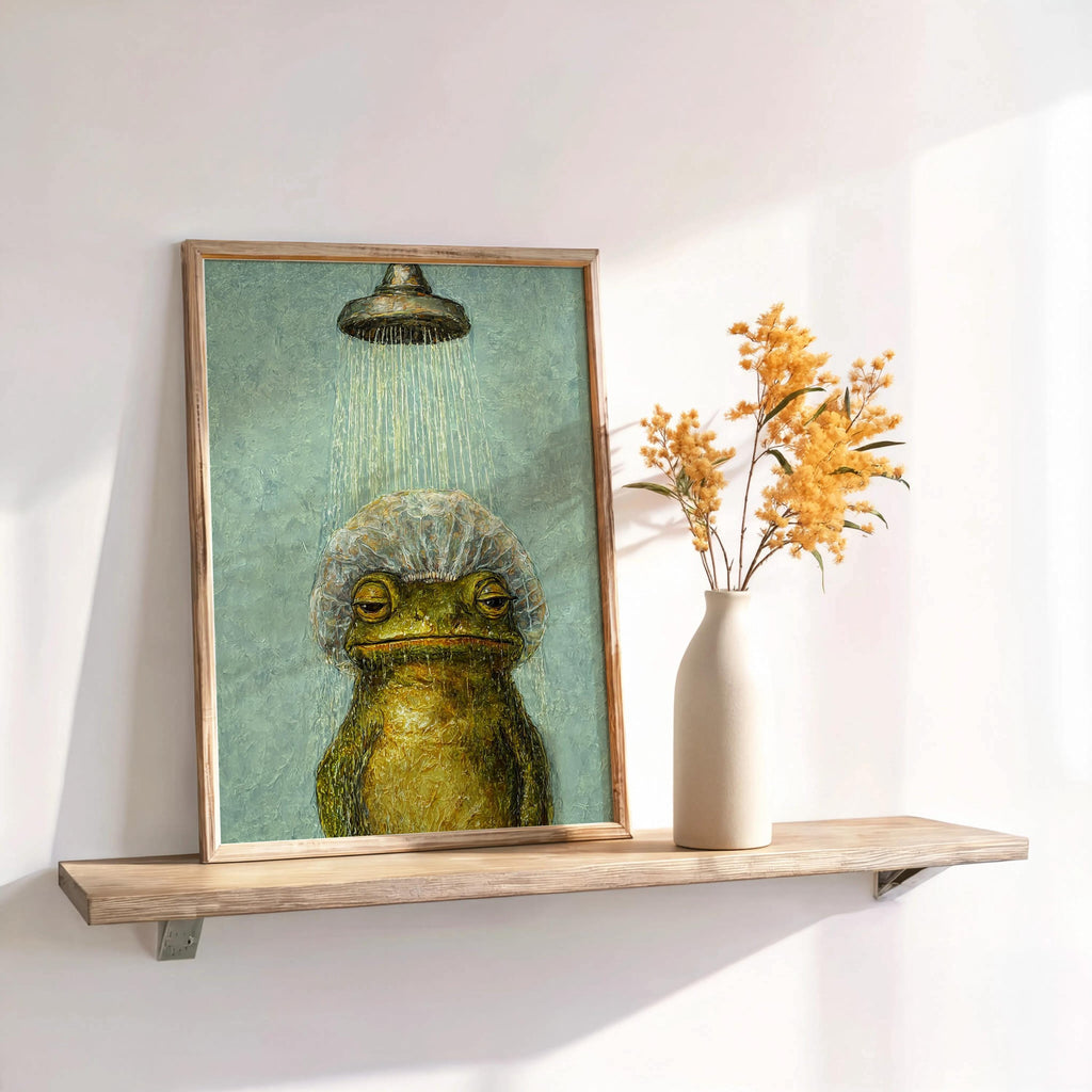 Funny Shower Frog Wall Art, Vintage Bathroom Poster, Grumpy Frog Illustration, Retro Animal Decor, Quirky Restroom Print, Kids Decor