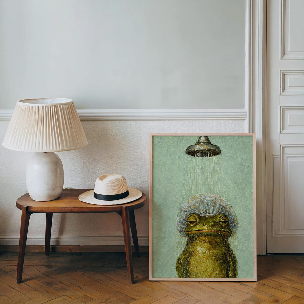 Funny Shower Frog Wall Art, Vintage Bathroom Poster, Grumpy Frog Illustration, Retro Animal Decor, Quirky Restroom Print, Kids Decor