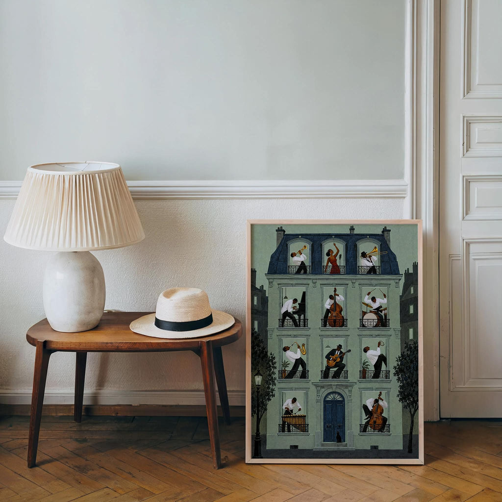 Jazz Apartment Window Poster, Black Musicians in Parisian House Wall Art, French Building Print, Retro Afrocentric Music Decor