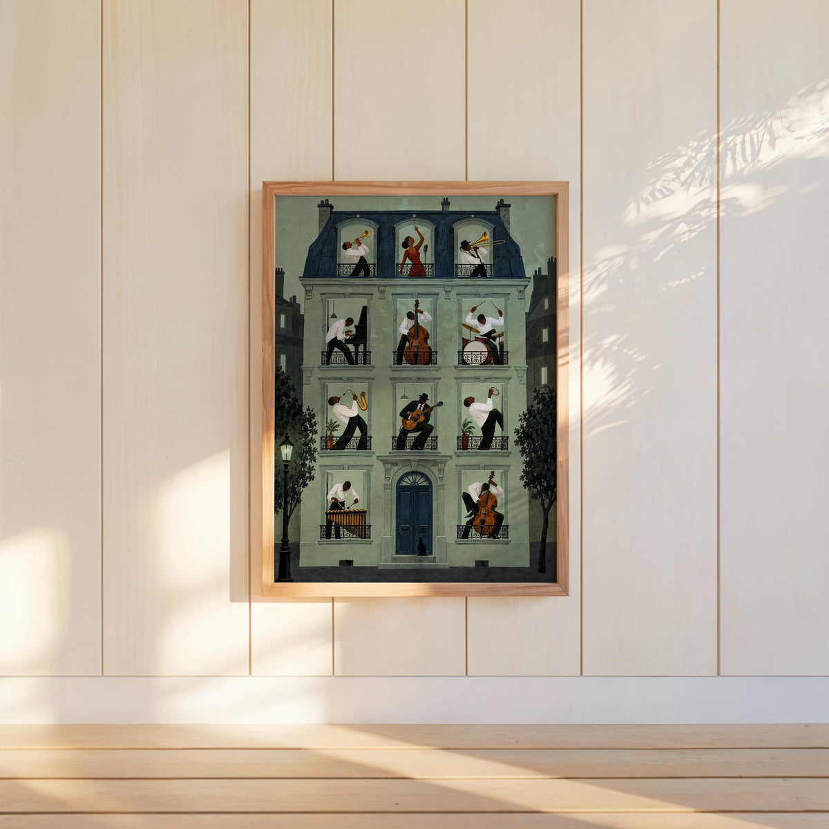 Jazz Apartment Window Poster, Black Musicians in Parisian House Wall Art, French Building Print, Retro Afrocentric Music Decor