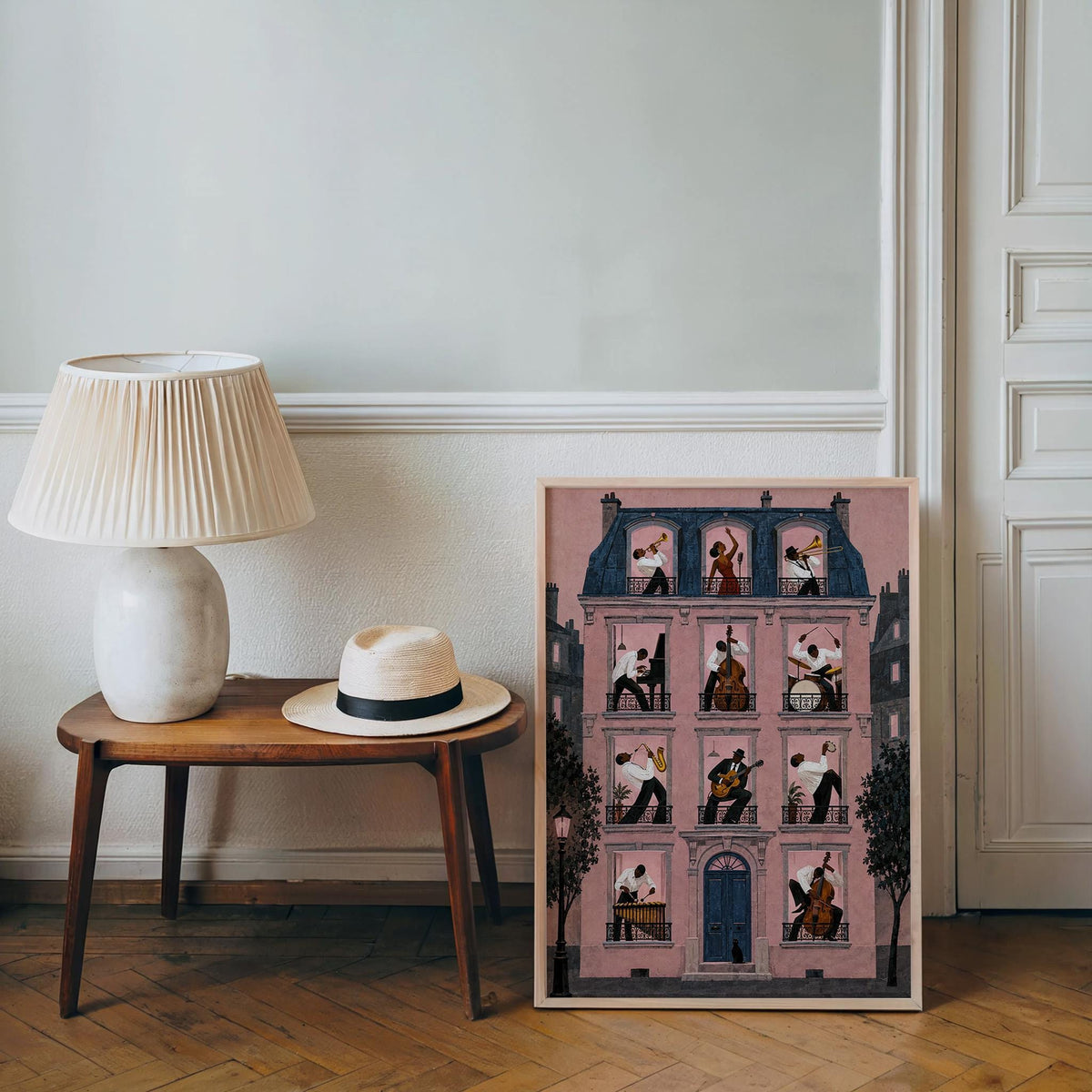 Jazz Apartment Window Poster, Black Musicians in Parisian House Wall Art, French Building Print, Retro Afrocentric Music Decor