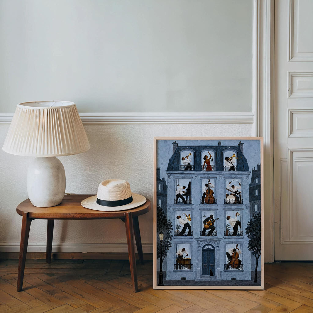 Jazz Apartment Window Poster, Black Musicians in Parisian House Wall Art, French Building Print, Retro Afrocentric Music Decor