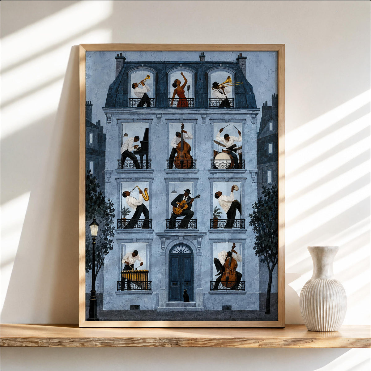Jazz Apartment Window Poster, Black Musicians in Parisian House Wall Art, French Building Print, Retro Afrocentric Music Decor