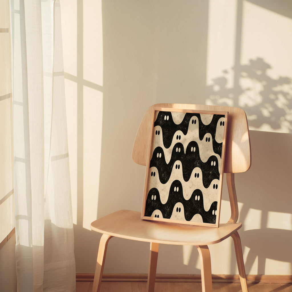 Ghost Pattern Print, Black and White Halloween Wall Art, Repeating Spooky Poster, Cute Funny Gothic Decor, Dark Academia Gift