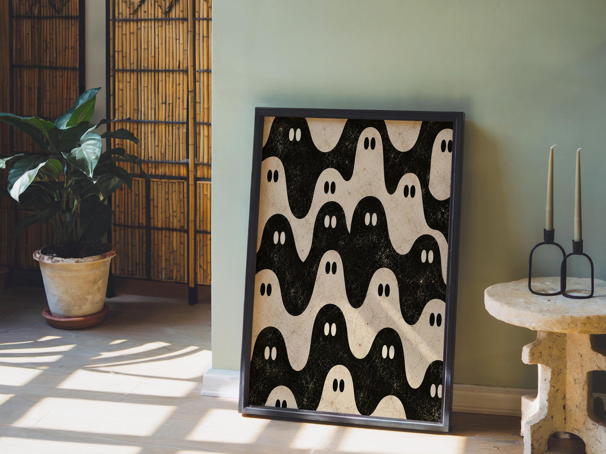 Ghost Pattern Print, Black and White Halloween Wall Art, Repeating Spooky Poster, Cute Funny Gothic Decor, Dark Academia Gift
