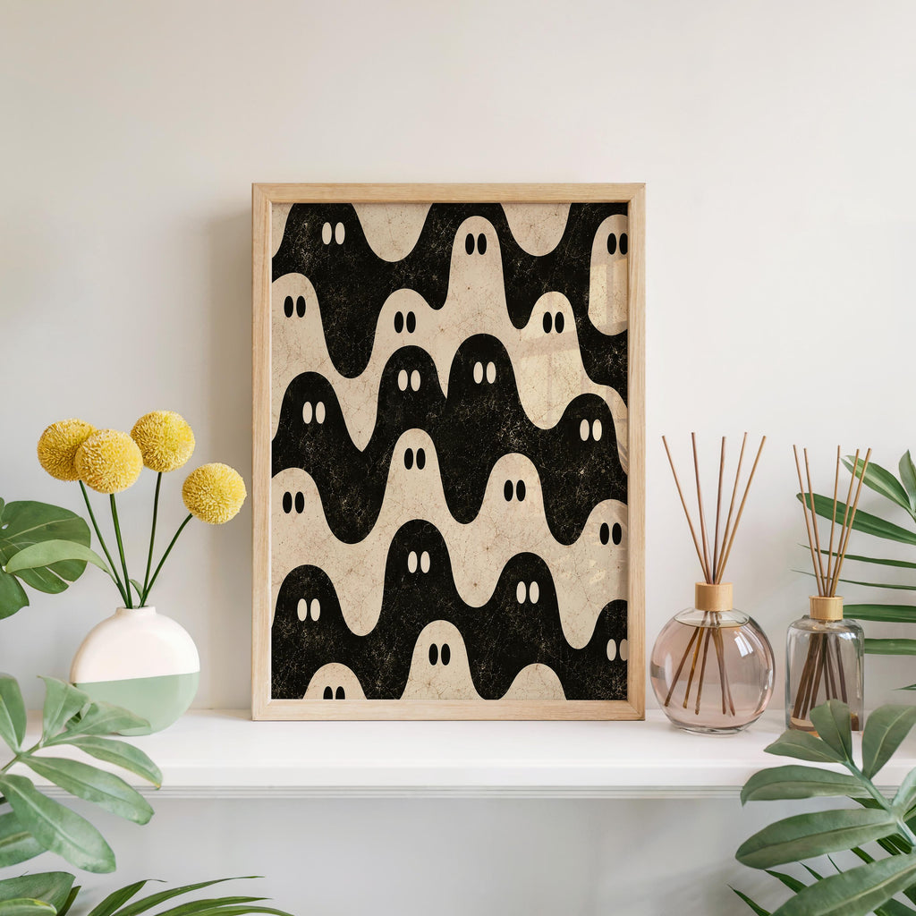 Ghost Pattern Print, Black and White Halloween Wall Art, Repeating Spooky Poster, Cute Funny Gothic Decor, Dark Academia Gift