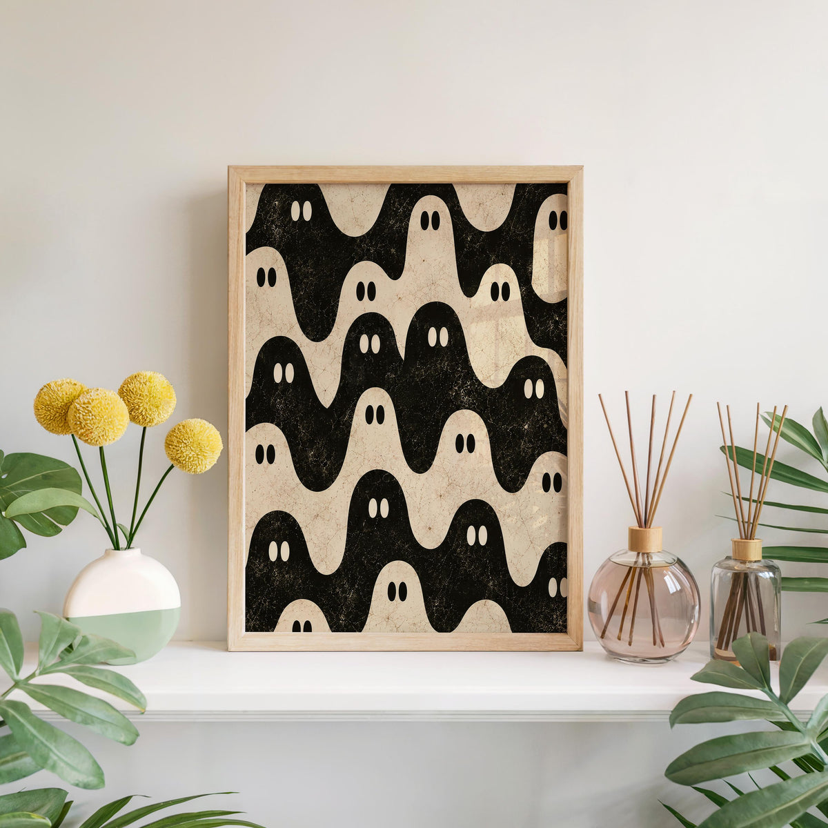 Ghost Pattern Print, Black and White Halloween Wall Art, Repeating Spooky Poster, Cute Funny Gothic Decor, Dark Academia Gift