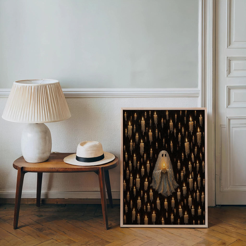 Ghost Among Candles Print, Cute Dark Gothic Wall Art, Macabre Halloween Decor, Candlelight Poster, Mysterious Vintage Home Style