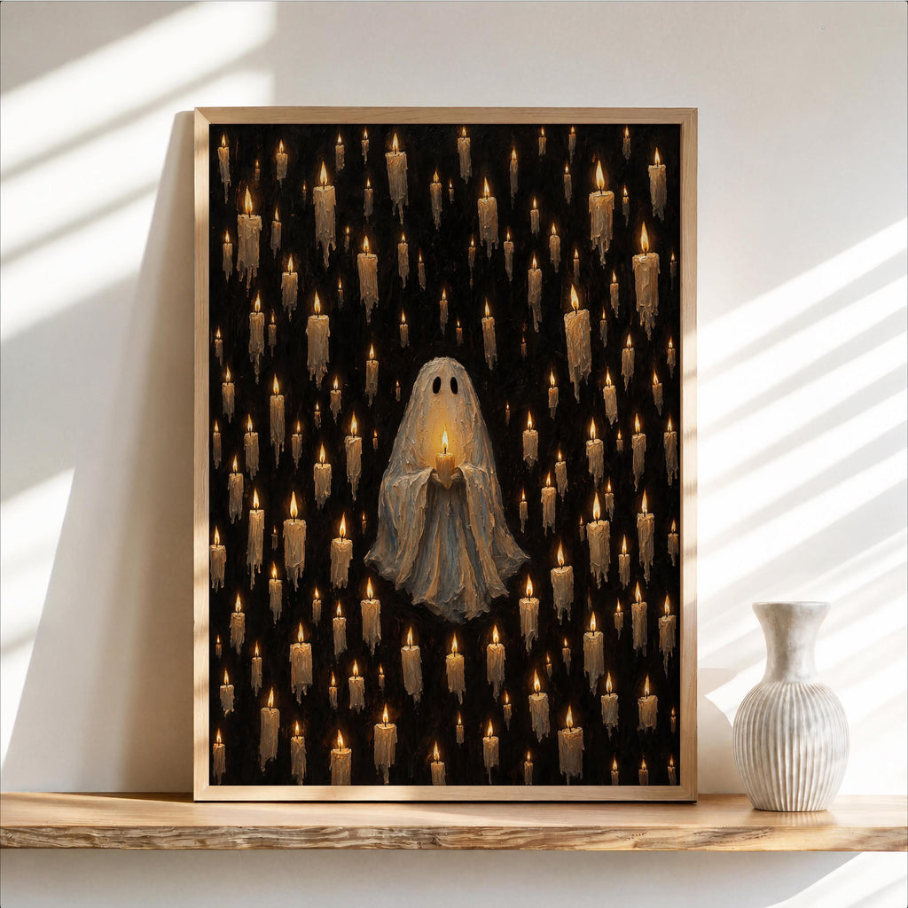 Ghost Among Candles Print, Cute Dark Gothic Wall Art, Macabre Halloween Decor, Candlelight Poster, Mysterious Vintage Home Style