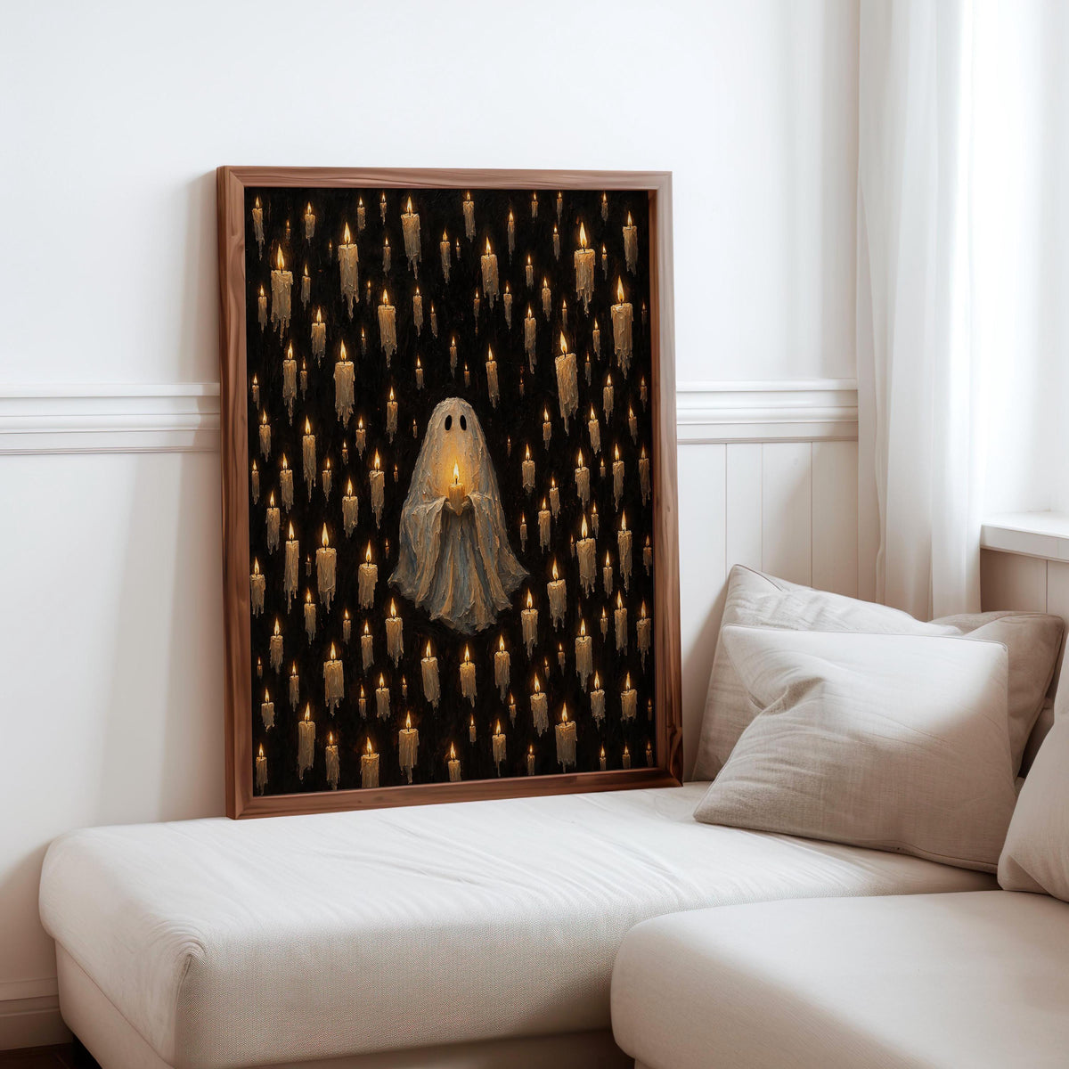 Ghost Among Candles Print, Cute Dark Gothic Wall Art, Macabre Halloween Decor, Candlelight Poster, Mysterious Vintage Home Style