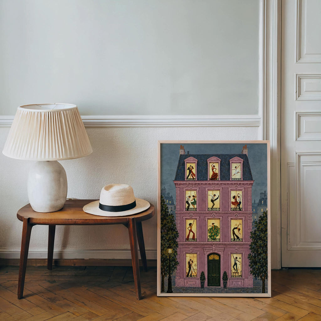 Dance House Poster, Vintage Dancing Wall Art, French Apartment Illustration, Ballroom & Ballet Decor, Retro European Street Scene Print