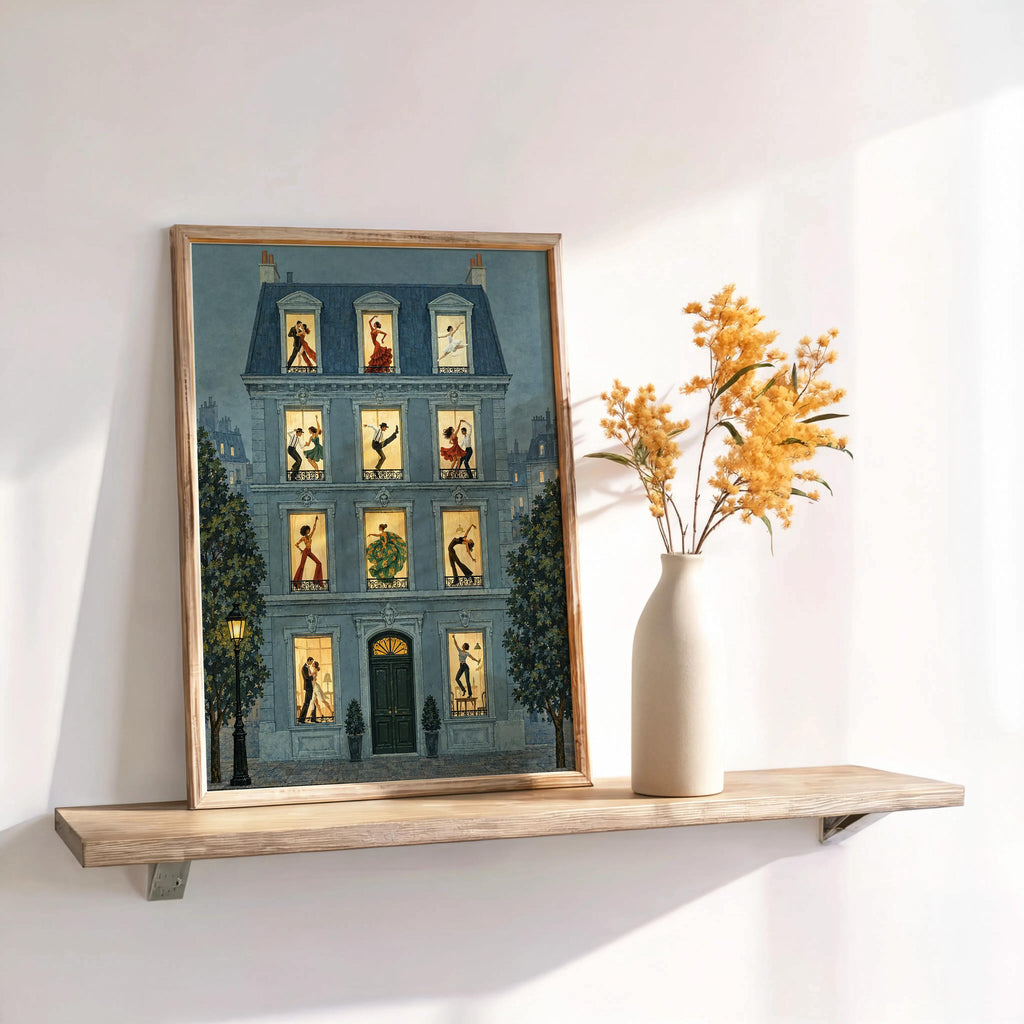 Dance House Poster, Vintage Dancing Wall Art, French Apartment Illustration, Ballroom & Ballet Decor, Retro European Street Scene Print