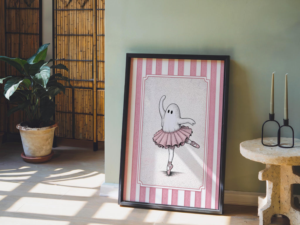 Ballerina ghost poster propped on the floor beside a potted plant, soft shadows, whimsical ghost ballet wall art