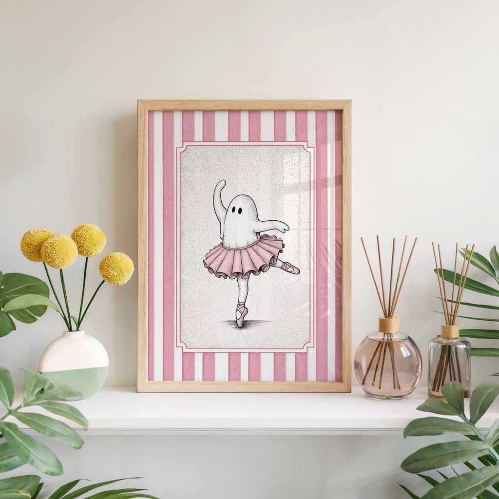 Ballerina ghost poster resting on a sunlit windowsill with yellow blooms, pink nursery wall art accent
