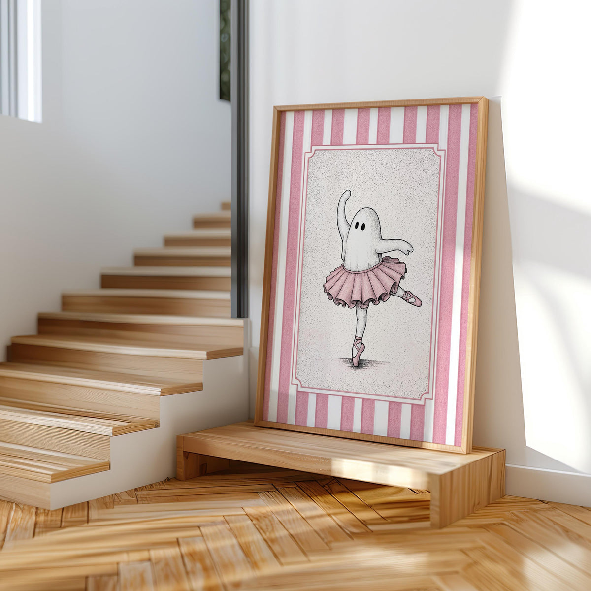 Ballerina ghost poster at a stair landing with pumpkins, vintage dancer bedroom decor and soft lighting