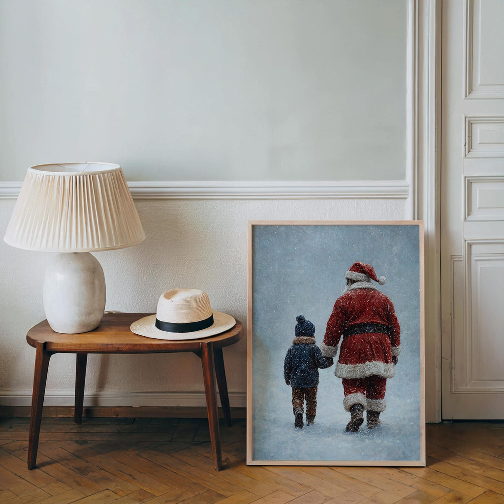 Black Santa & Boy Print, African American Christmas Illustration, Father Son Holiday Art, Afrocentric Winter Decor, Xmas Painting