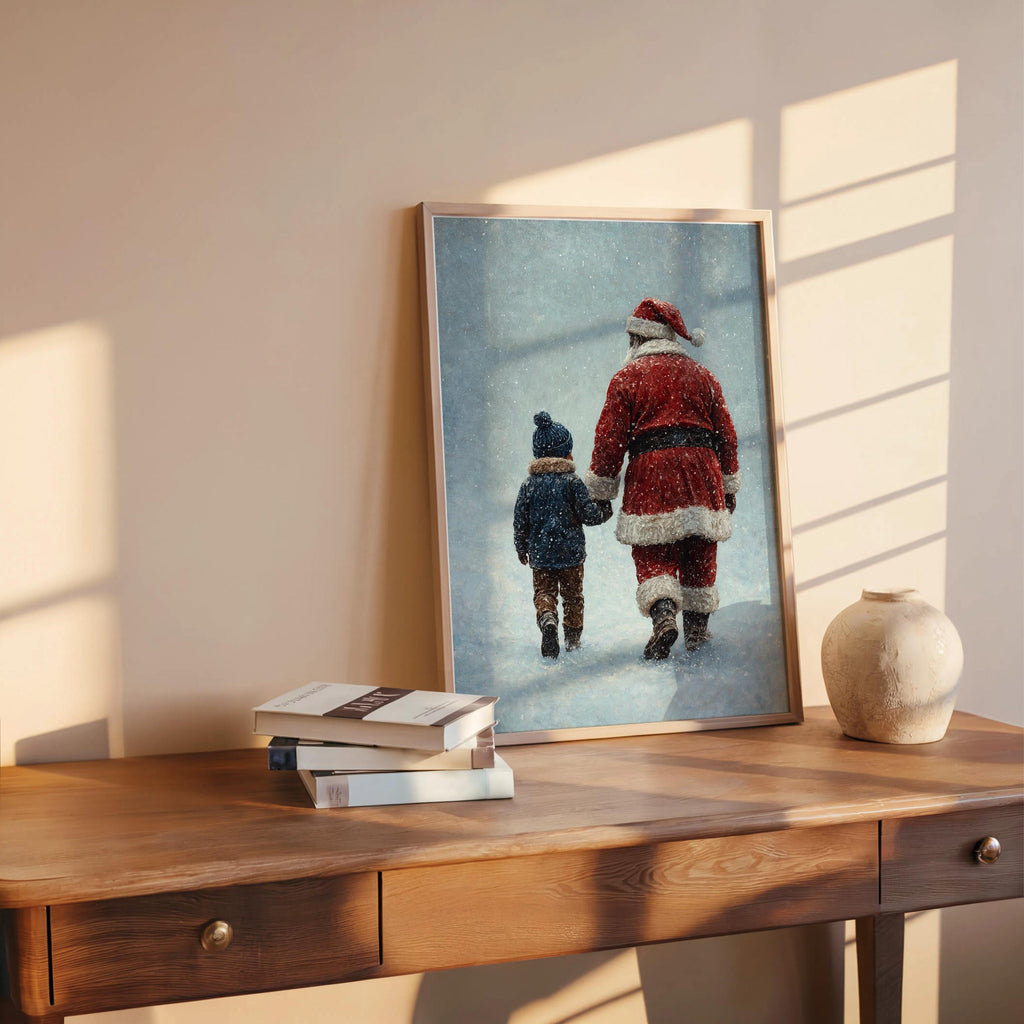 Black Santa & Boy Print, African American Christmas Illustration, Father Son Holiday Art, Afrocentric Winter Decor, Xmas Painting