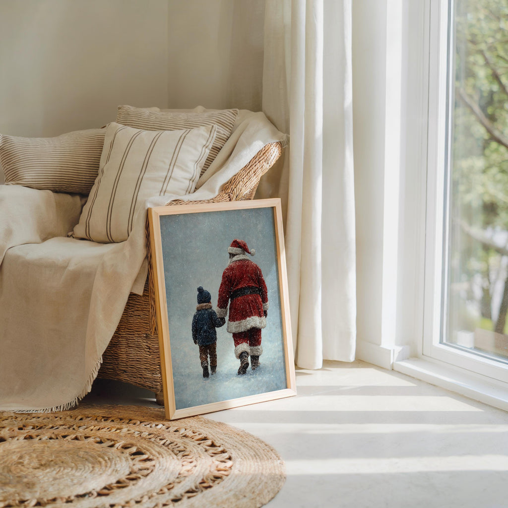 Black Santa & Boy Print, African American Christmas Illustration, Father Son Holiday Art, Afrocentric Winter Decor, Xmas Painting