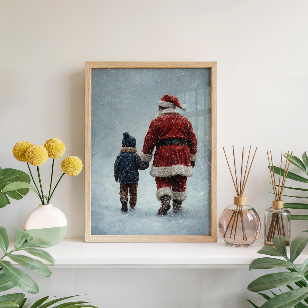 Black Santa & Boy Print, African American Christmas Illustration, Father Son Holiday Art, Afrocentric Winter Decor, Xmas Painting