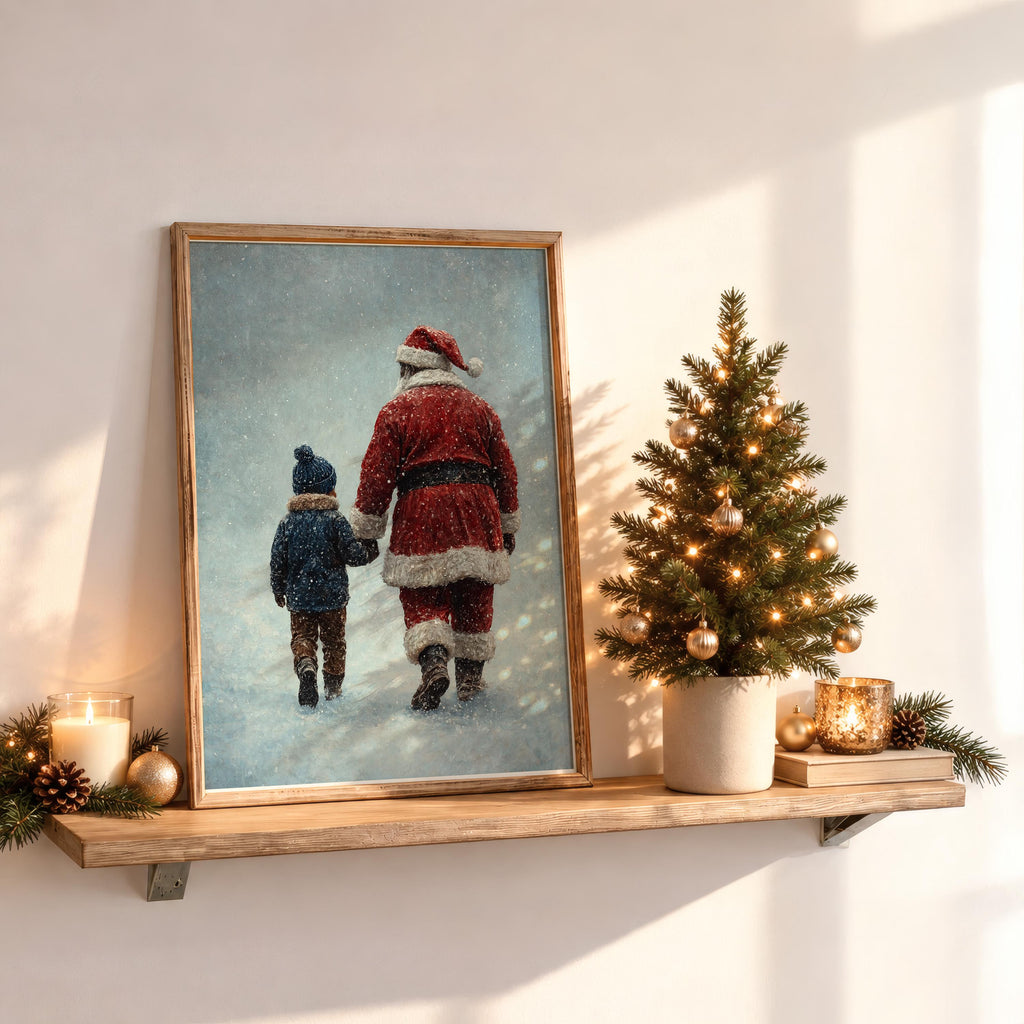 Black Santa & Boy Print, African American Christmas Illustration, Father Son Holiday Art, Afrocentric Winter Decor, Xmas Painting