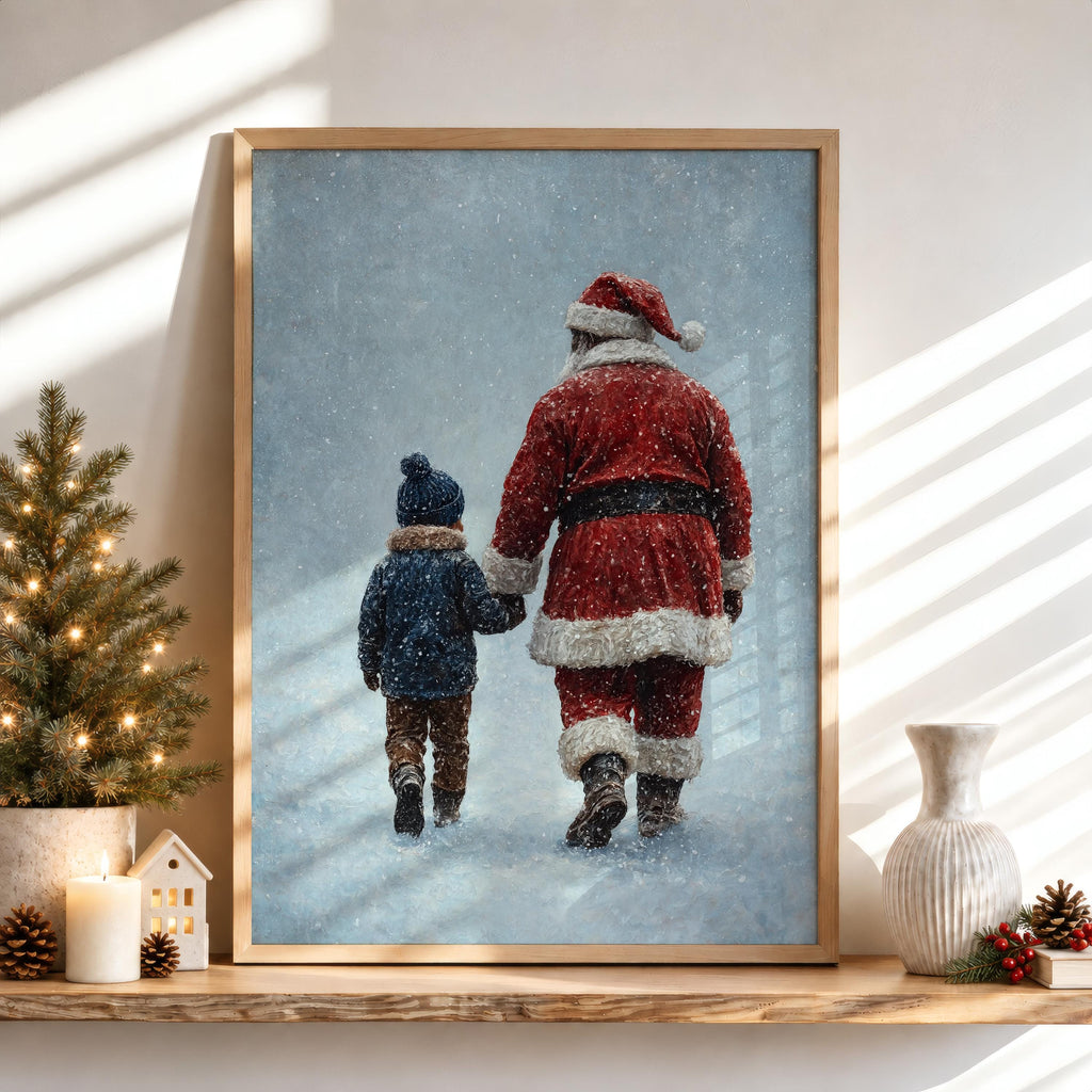 Black Santa & Boy Print, African American Christmas Illustration, Father Son Holiday Art, Afrocentric Winter Decor, Xmas Painting