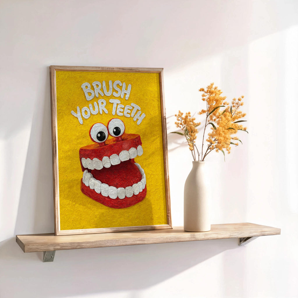 Brush Your Teeth Poster, Funny Kids Bathroom Wall Art, Retro Toothbrush Illustration, Playful Dental Decor, Quirky Dentist Gift