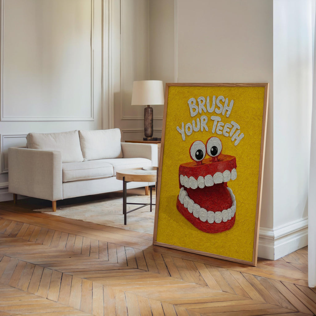 Brush Your Teeth Poster, Funny Kids Bathroom Wall Art, Retro Toothbrush Illustration, Playful Dental Decor, Quirky Dentist Gift