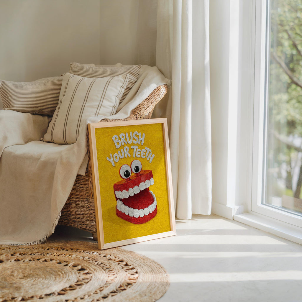 Brush Your Teeth Poster, Funny Kids Bathroom Wall Art, Retro Toothbrush Illustration, Playful Dental Decor, Quirky Dentist Gift