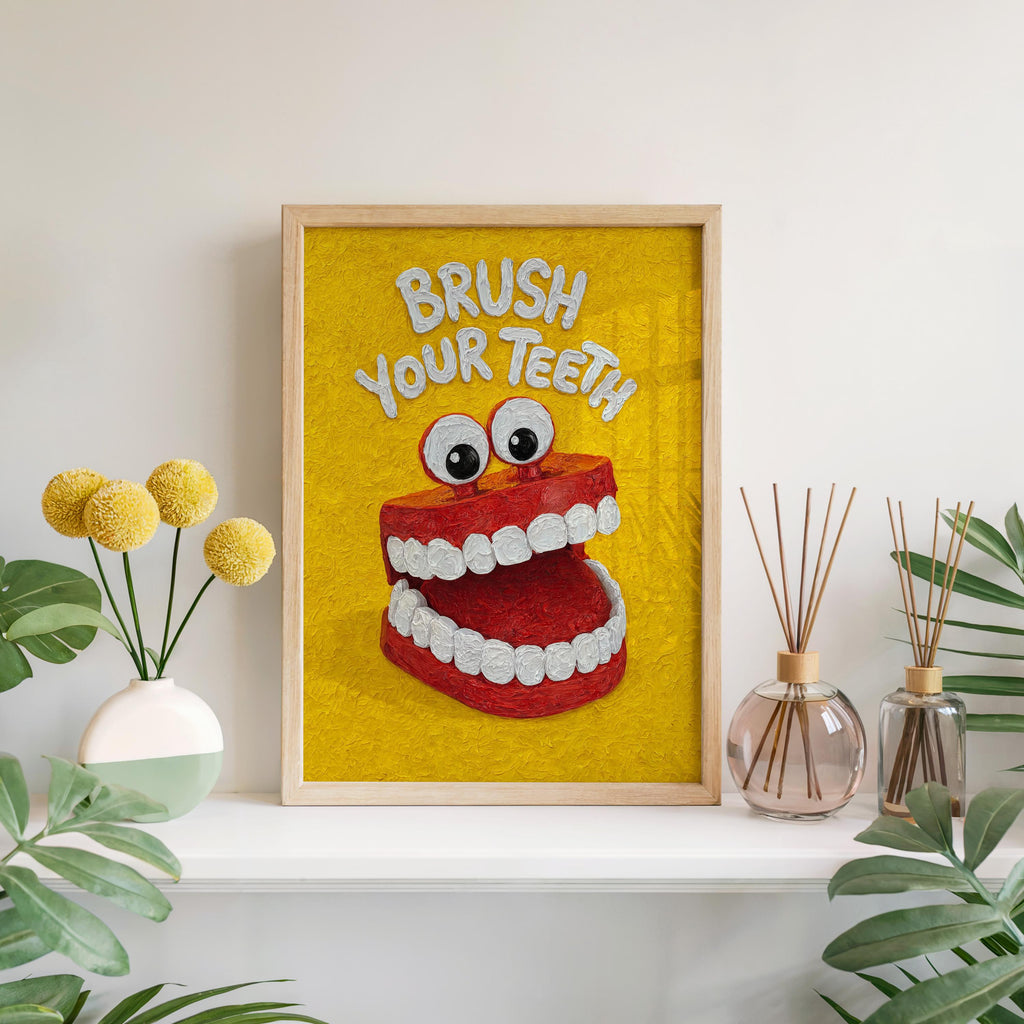Brush Your Teeth Poster, Funny Kids Bathroom Wall Art, Retro Toothbrush Illustration, Playful Dental Decor, Quirky Dentist Gift