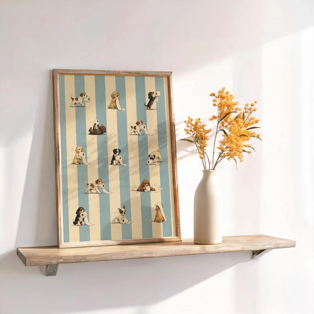 Leaning framed print beside dried flowers, vintage puppy illustration on blue stripes, funny dog bathroom wall art
