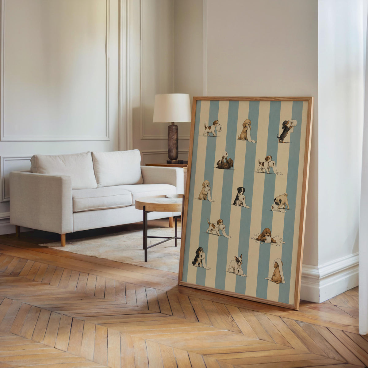 Floor-leaning frame in living room corner, retro puppy toilet paper poster on blue stripes, funny dog bathroom wall art