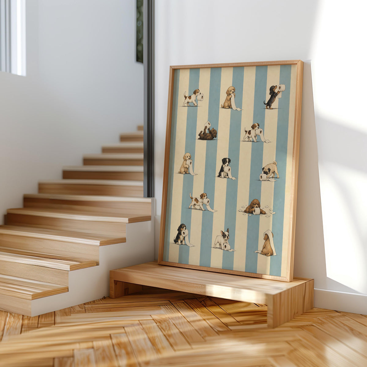 Poster propped on stair riser with ceramics, playful vintage puppies on blue stripe decor, funny dog bathroom wall art