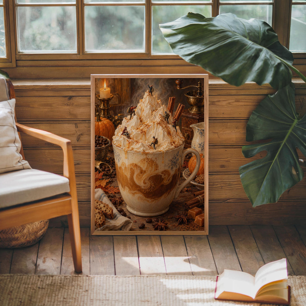 Pumpkin Spice Latte Print, Tiny Hikers Wall Decor, Fall Coffee Poster, Autumn Kitchen Art, Cozy Iced Coffee Cafe Home Decoration