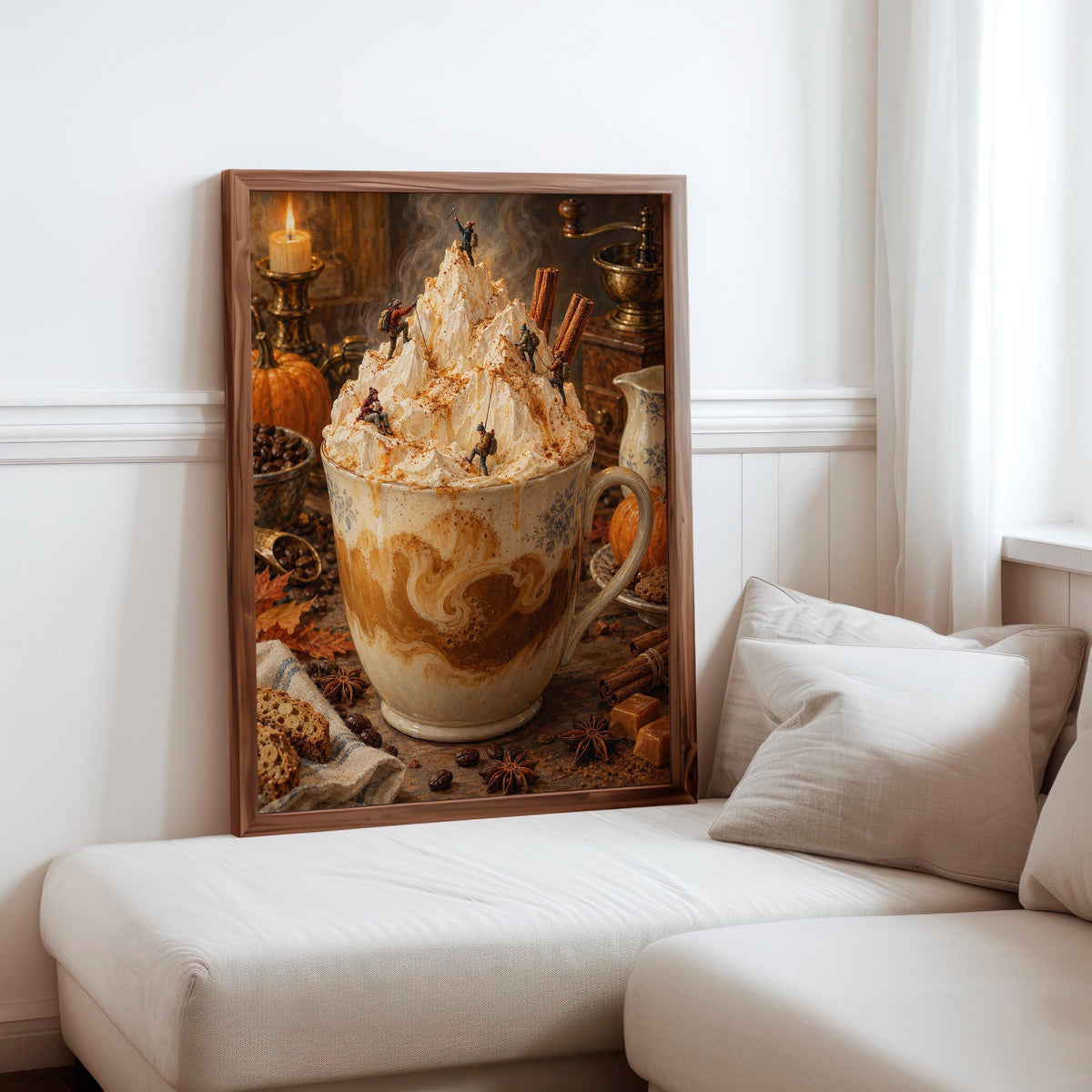 Pumpkin Spice Latte Print, Tiny Hikers Wall Decor, Fall Coffee Poster, Autumn Kitchen Art, Cozy Iced Coffee Cafe Home Decoration