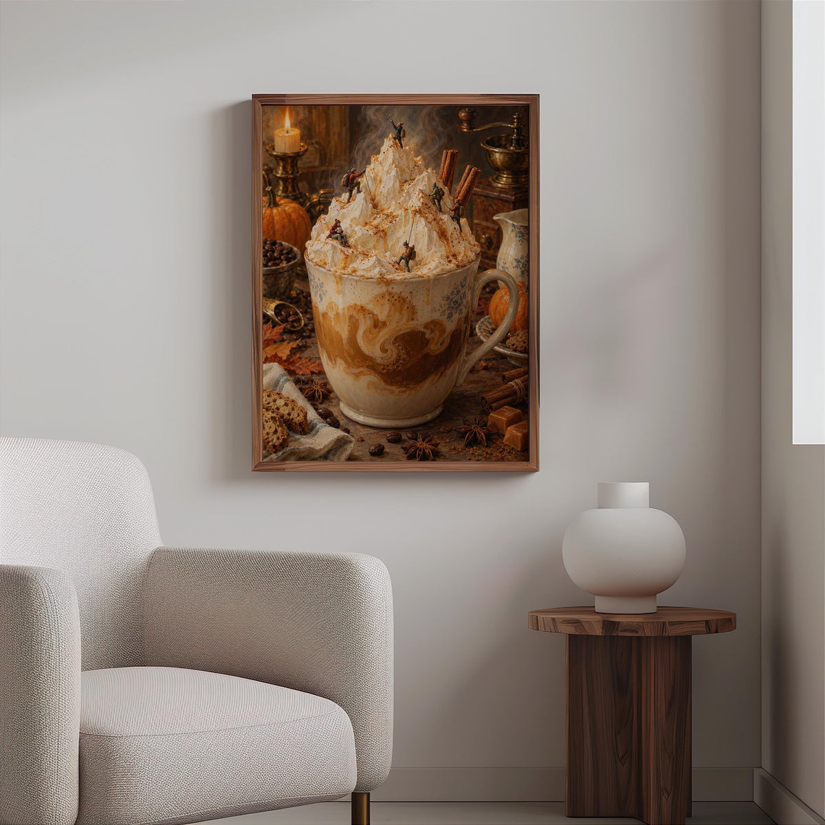 Pumpkin Spice Latte Print, Tiny Hikers Wall Decor, Fall Coffee Poster, Autumn Kitchen Art, Cozy Iced Coffee Cafe Home Decoration