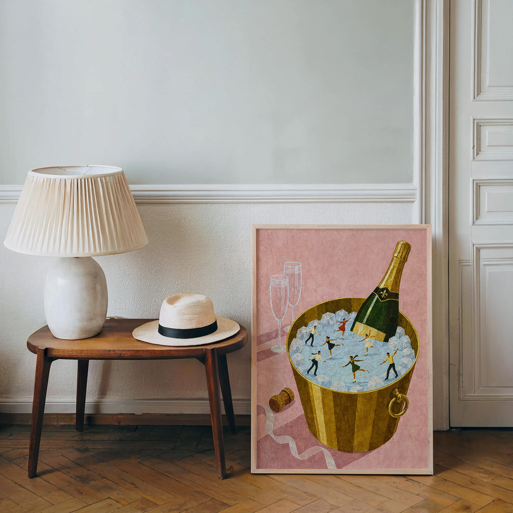 Champagne Ice Skaters Print, Winter Tiny People Wall Art Set, Figure Skating Illustration, Festive Holiday Decor, Whimsical Miniature Poster