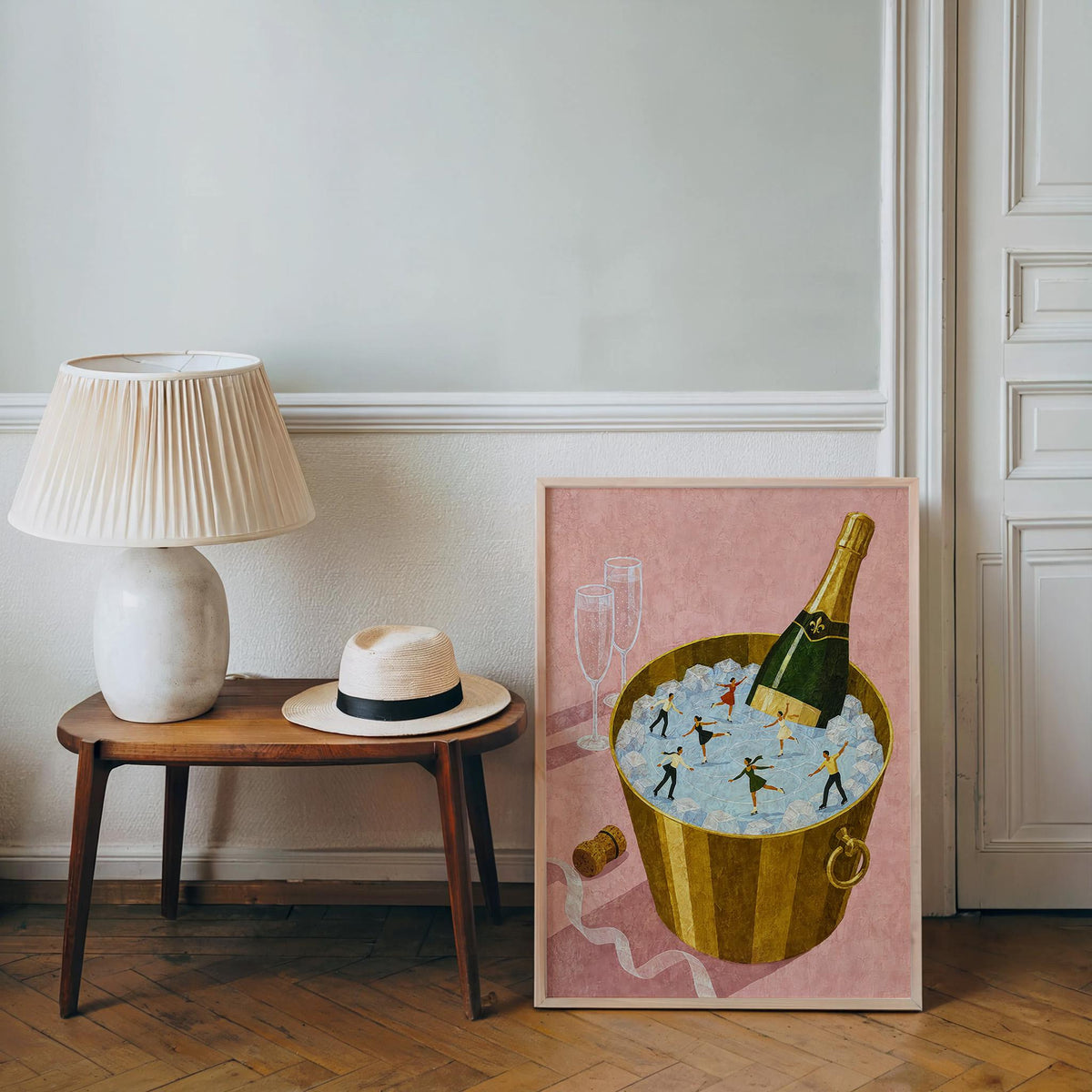 Champagne Ice Skaters Print, Winter Tiny People Wall Art Set, Figure Skating Illustration, Festive Holiday Decor, Whimsical Miniature Poster