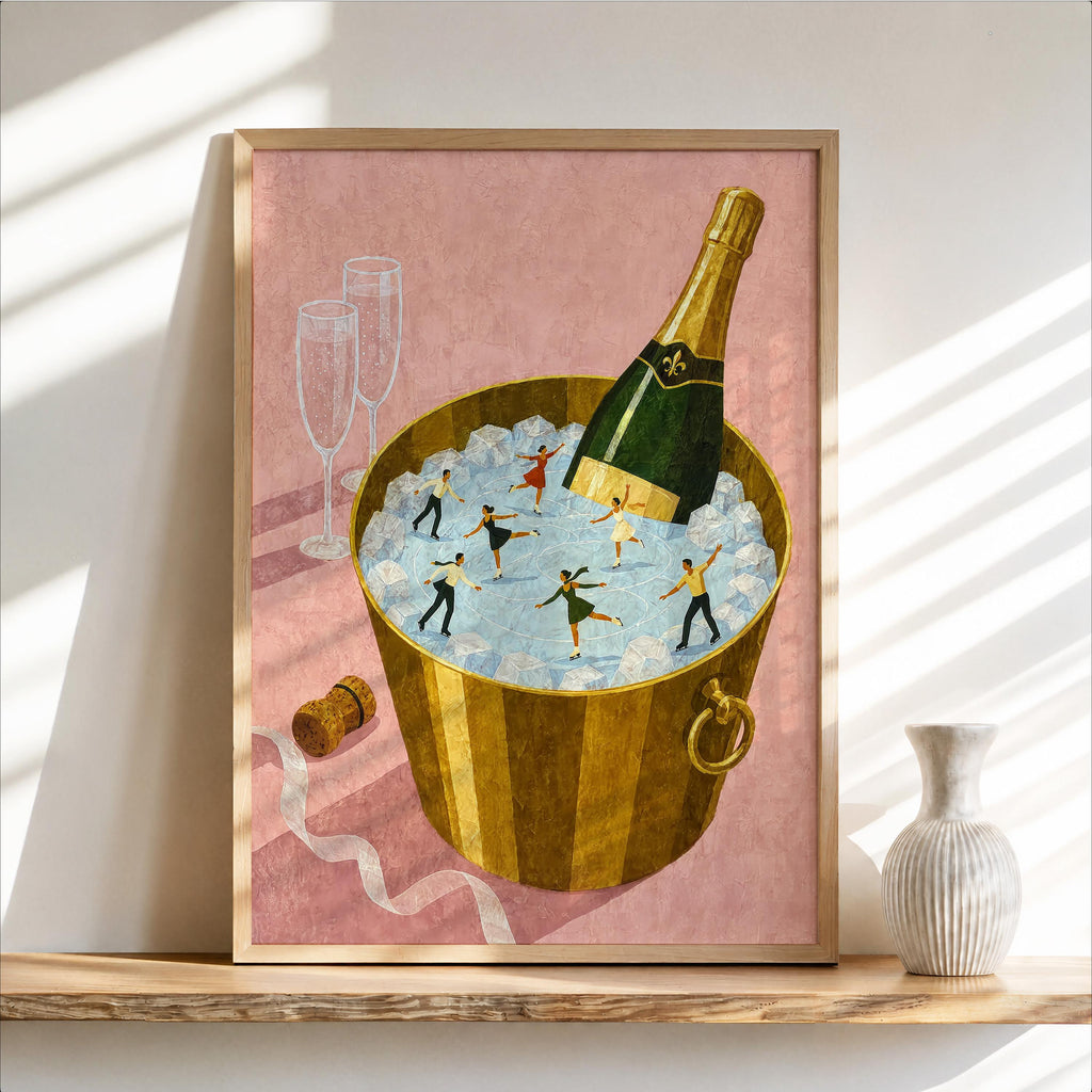 Champagne Ice Skaters Print, Winter Tiny People Wall Art Set, Figure Skating Illustration, Festive Holiday Decor, Whimsical Miniature Poster