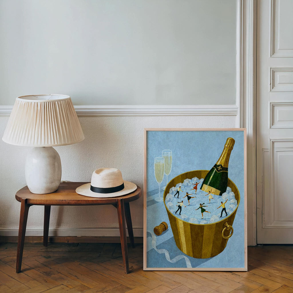 Champagne Ice Skaters Print, Winter Tiny People Wall Art Set, Figure Skating Illustration, Festive Holiday Decor, Whimsical Miniature Poster