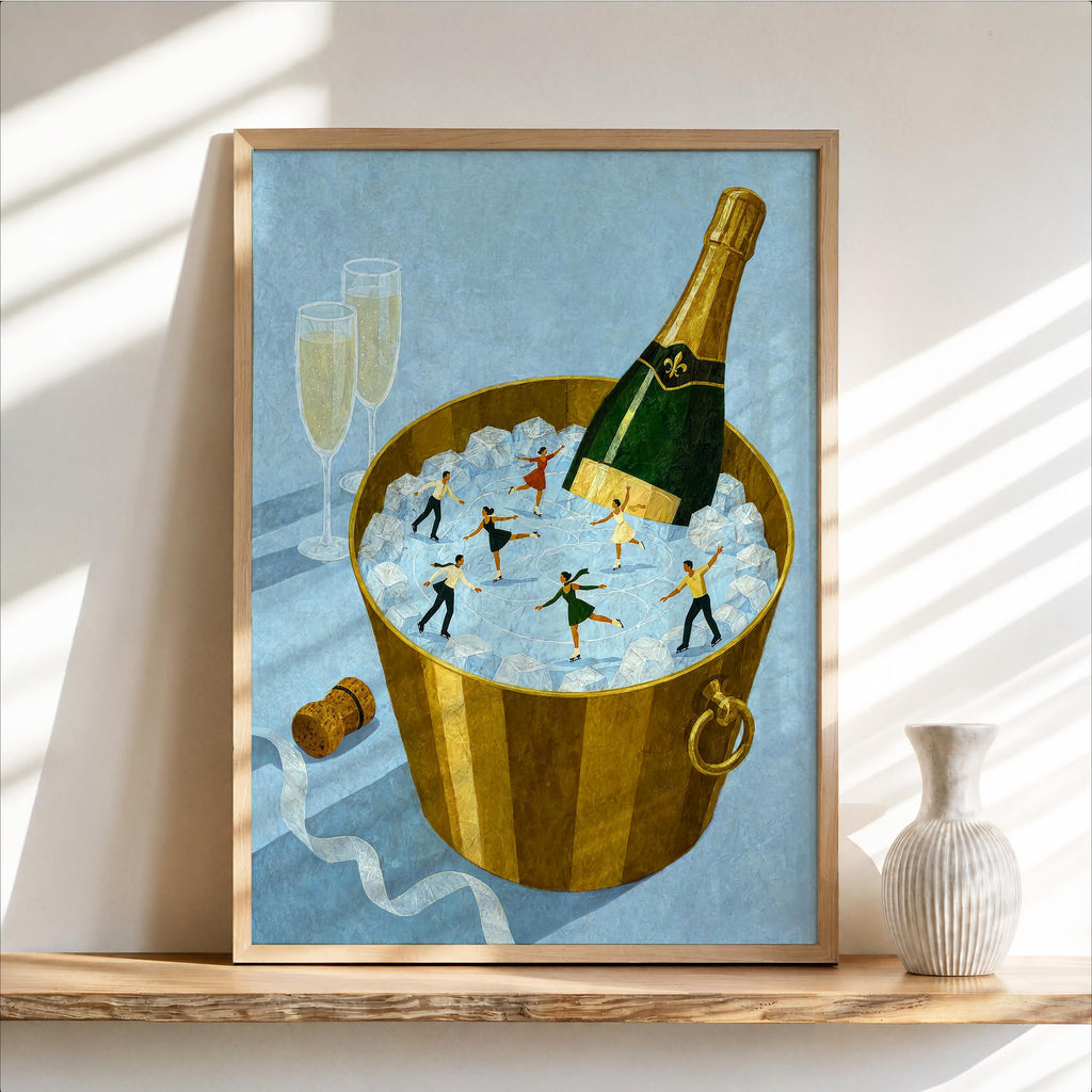 Champagne Ice Skaters Print, Winter Tiny People Wall Art Set, Figure Skating Illustration, Festive Holiday Decor, Whimsical Miniature Poster